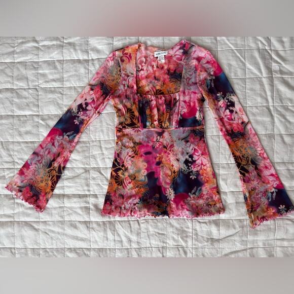 Vintage Kokoon Mesh Floral Tie Dye Flare Sleeve Babydoll Top Y2K Fairycore - S - Picture 1 of 9